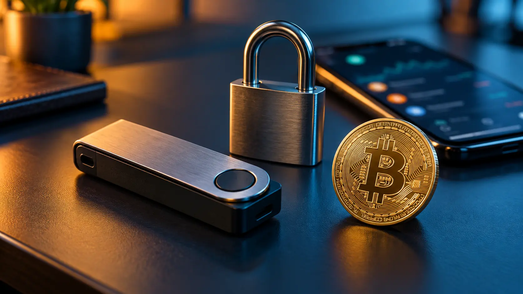 تصویر مفهومی کیف پول سخت‌افزاری و قفل برای امنیت نگهداری ارز دیجیتال