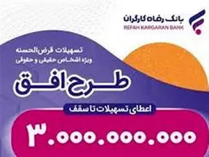 اعطای تسهیلات قرض‌الحسنه تا سقف 300 و 750 میلیون تومان در طرح "افق" بانک رفاه کارگران ادامه دارد