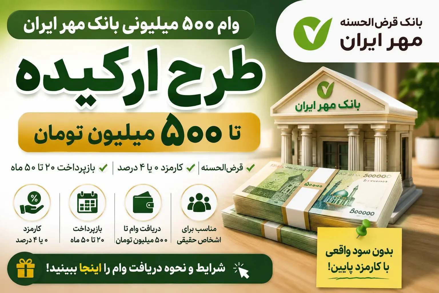 وام ۵۰۰ میلیونی بانک مهر ایران /شرایط دریافت بدون ضامن با کارمزد ۴ درصد