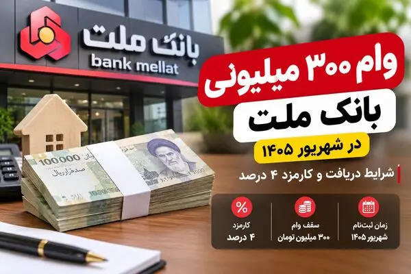 وام ۳۰۰ میلیونی بانک ملت در شهریور ۱۴۰۵/شرایط دریافت و کارمزد ۴ درصد؛ شرایط دریافت و کارمزد ۴ درصد